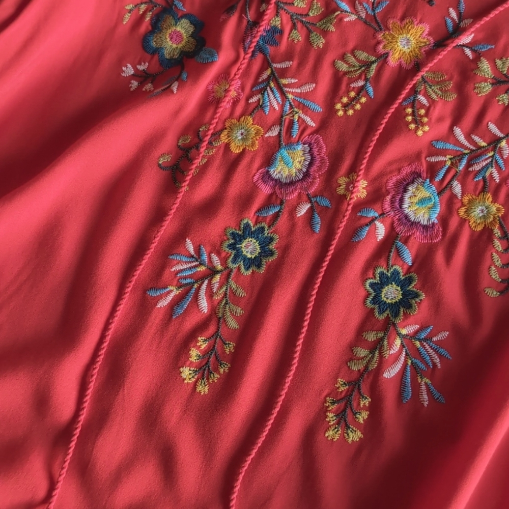 Umgee Red Peasant Embroidered Tunic Top Mini Dress Women's Size Small - Picture 9 of 9